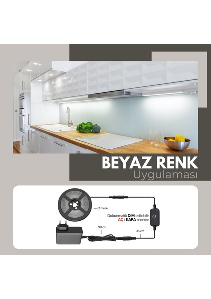 12V Yüksek Parlaklık 4040 Şerit LED Tak Çalıştır Hazır Set, 2 Metre Beyaz, Dokunmatik Aç-Kapa Dim edilebilir Anahtar ve Adaptör Dahil, Gizli Aydınlatma, Mutfak, Tezgah, Dolap İçi ve Ayna İçin