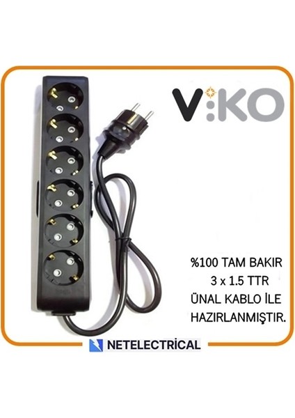 Multi-Let Siyah 6'lı 5 Metre Topraklı Çocuk Korumalı Kablolu Grup Priz