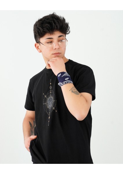Geometrik Kuru Kafa Baskılı Oversize Siyah Tişört