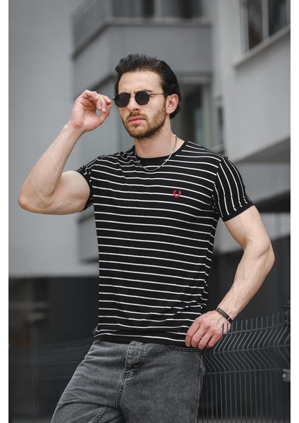 Ft 2444 Çizgili Bisiklet Yaka Likralı Slim Fit Erkek Tshirt