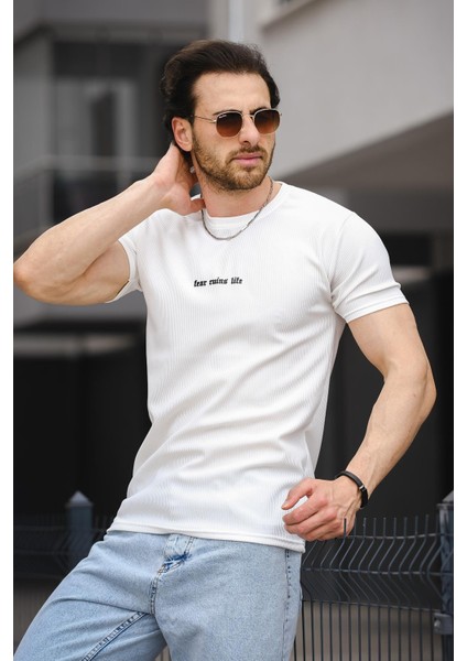 Ft Fear Baskılı Bisiklet Yaka Likralı Slim Fit Erkek Tshirt