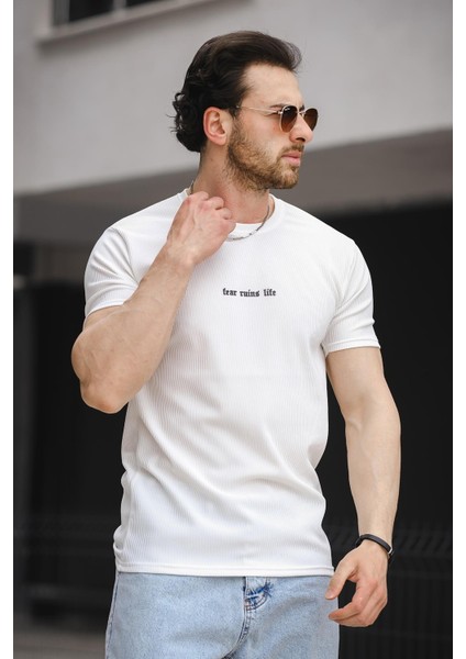 Ft Fear Baskılı Bisiklet Yaka Likralı Slim Fit Erkek Tshirt modelleri