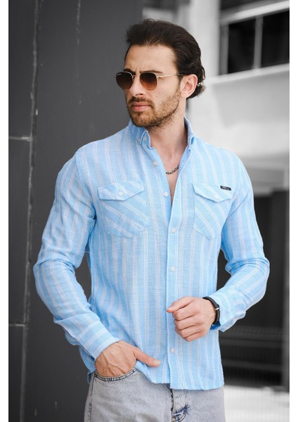 Yx 16794 Slim Fit Çift Cep Kapaklı Çizgili Erkek Gömlek modelleri