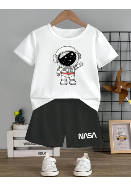 Özel Tasarım Hello Astronot Nasa Baskılı Dış Mekan Erkek Çocuk T-Shırt Şort Takımı