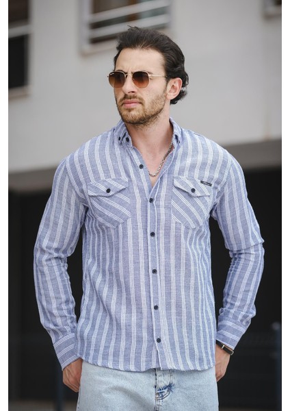 Yx 16794 Slim Fit Çift Cep Kapaklı Çizgili Erkek Gömlek fiyatları