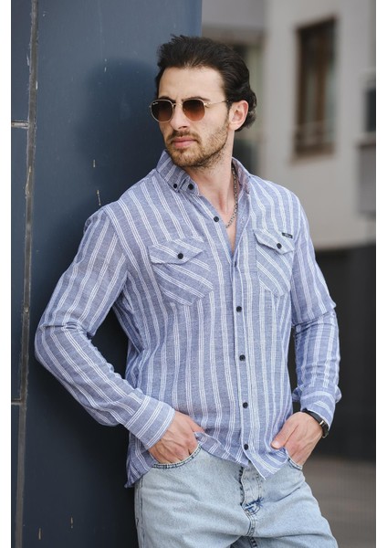 Yx 16794 Slim Fit Çift Cep Kapaklı Çizgili Erkek Gömlek modelleri