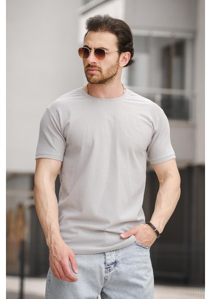 Ft 2454 Örgü Desenli Bisiklet Yaka Likralı Slim Fit Erkek Tshirt