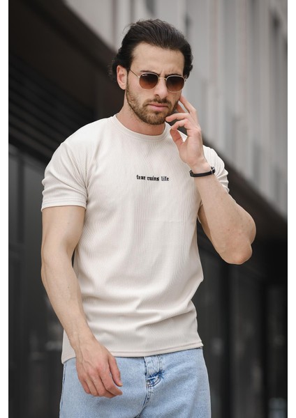 Ft Fear Baskılı Bisiklet Yaka Likralı Slim Fit Erkek Tshirt