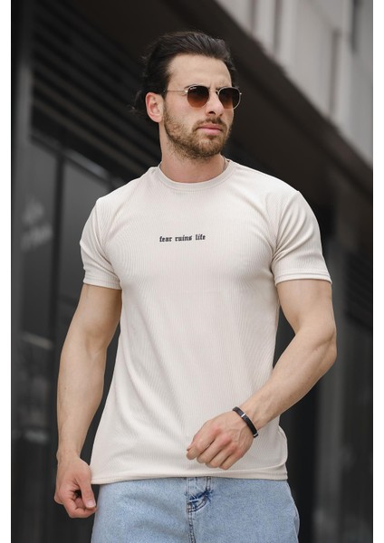 Ft Fear Baskılı Bisiklet Yaka Likralı Slim Fit Erkek Tshirt