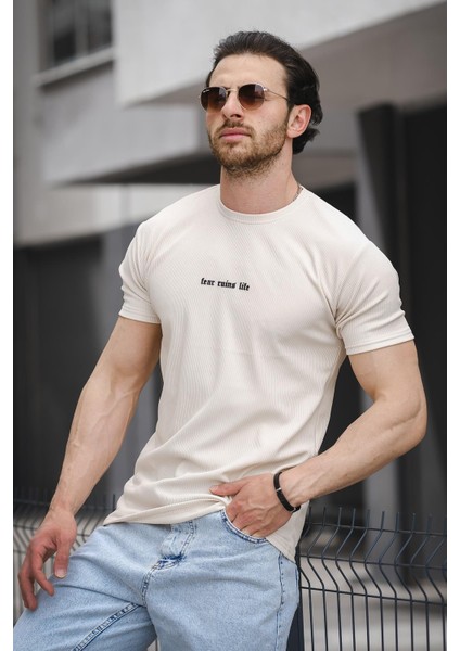 Ft Fear Baskılı Bisiklet Yaka Likralı Slim Fit Erkek Tshirt modelleri