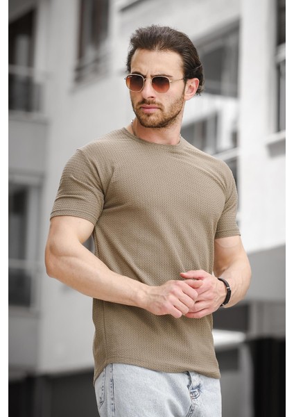 Ft 2454 Örgü Desenli Bisiklet Yaka Likralı Slim Fit Erkek Tshirt