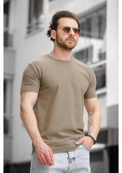 Ft 2454 Örgü Desenli Bisiklet Yaka Likralı Slim Fit Erkek Tshirt