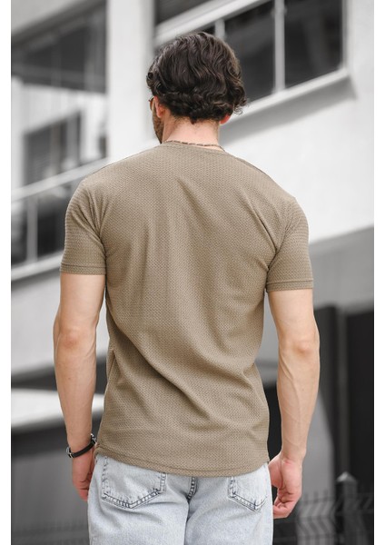 Ft 2454 Örgü Desenli Bisiklet Yaka Likralı Slim Fit Erkek Tshirt