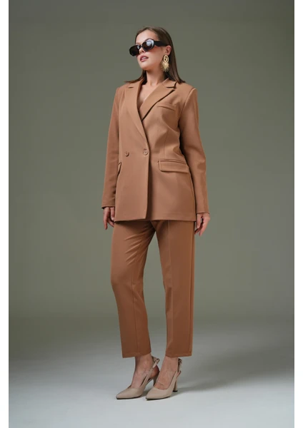 Camel Blazer Ceket-Pantolon Dokuma Alt-Üst Takım