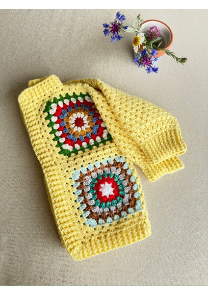 Dafne Dükkan El Örgüsü Motifli Bebek Hırkası Sarı Kroşe Hırka Crochet Granny Square Cardigan