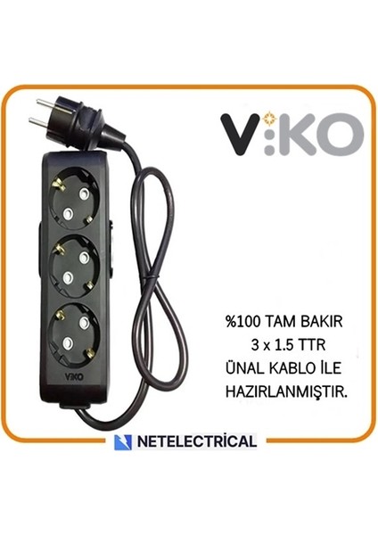 Multi-Let Siyah 3'lü 1 Metre Topraklı Çocuk Korumalı Kablolu Grup Priz