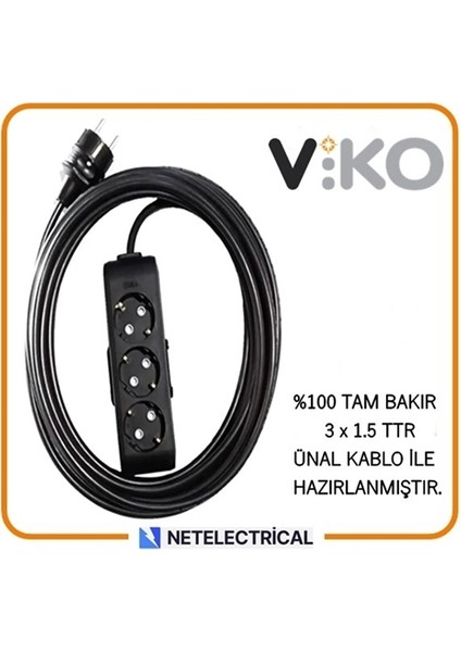 Multi-Let Siyah 3'lü 12 Metre Topraklı Çocuk Korumalı Kablolu Grup Priz