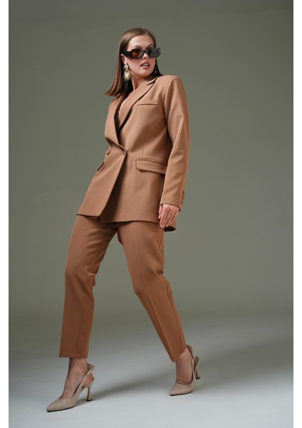 Camel Blazer Ceket-Pantolon Dokuma Alt-Üst Takım