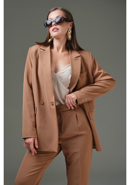 Camel Blazer Ceket-Pantolon Dokuma Alt-Üst Takım