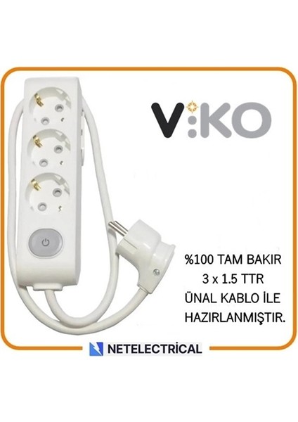 Multi-Let 3'lü Anahtarlı 1 Metre Topraklı Çocuk Korumalı Kablolu Grup Priz