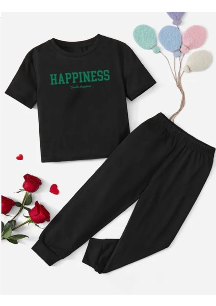 Özel Tasarım Happiness Baskılı Yeni Trend Kısa Kollu Yazlık Kız Çocuk Eşofman Takımı