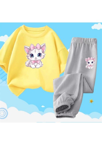 Özel Tasarım Pembe Papyonlu Kedicik Baskılı Kısa Kollu Yazlık Kız Çocuk Eşofman Takımı