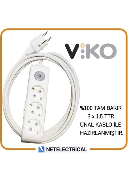 Multi-Let 3'lü Anahtarlı 12 Metre Topraklı Çocuk Korumalı Kablolu Grup Priz