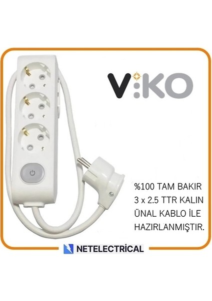 Multi-Let 3'lü 2 Metre Anahtarlı Topraklı Çocuk Korumalı Grup Priz (3x2.5 Ttr Tam Bakır Kalın Kablolu)