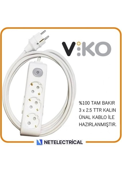 Multi-Let 3'lü 25 Metre Anahtarlı Topraklı Çocuk Korumalı Grup Priz (3x2.5 Ttr Tam Bakır Kalın Kablolu)