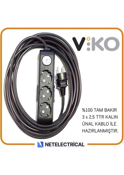 Multi-Let Siyah 3'lü 15 Metre Anahtarlı Topraklı Çocuk Korumalı Grup Priz (3x2.5 Ttr Tam Bakır Kalın Kablolu)