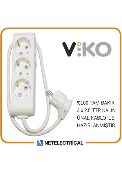 Multi-Let 3'lü 5 Metre Topraklı Çocuk Korumalı Grup Priz (3x2.5 Ttr Tam Bakır Kalın Kablolu)