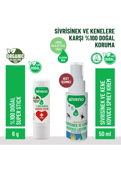 Sivrisinek ve Kene Kovucu Sprey Krem 50 ml & Siveno %100 Doğal Super Stick 6 G Set