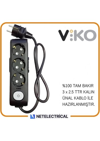 Multi-Let Siyah 3'lü 1 Metre Anahtarlı Topraklı Çocuk Korumalı Grup Priz (3x2.5 Ttr Tam Bakır Kalın Kablolu)