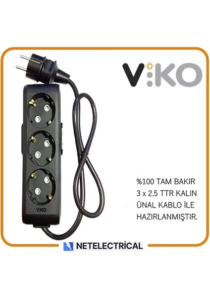 Multi-Let Siyah 3'lü 2 Metre Topraklı Çocuk Korumalı Grup Priz (3x2.5 Ttr Tam Bakır Kalın Kablolu)