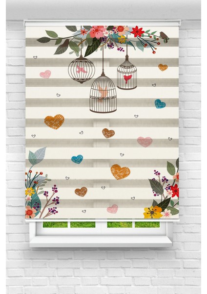 Sevimli Kafesteki Kuşlar Baskılı Zebra Perde