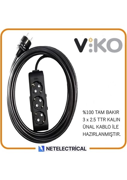 Multi-Let Siyah 3'lü 30 Metre Topraklı Çocuk Korumalı Grup Priz (3x2.5 Ttr Tam Bakır Kalın Kablolu)