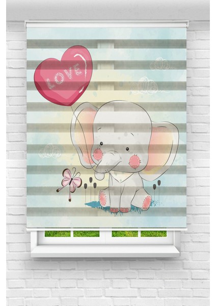 Çocuk Odası - Sevimli Fil ve Kelebek Baskılı Zebra Perde