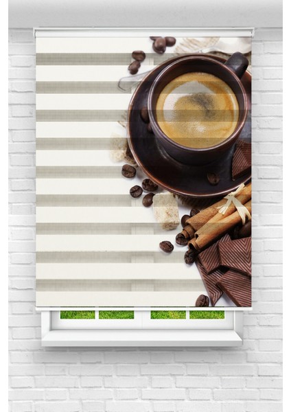 Mutfak Odası - Kahve Fincanı Baskılı Zebra Perde