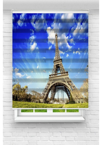 Genç Odası - Gökyüzü ve Paris Eyfel Kulesi Baskılı Zebra Perde