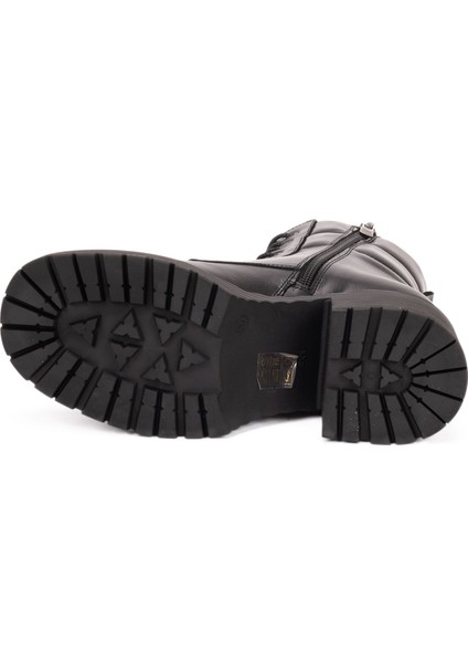 Kadın Hakiki Deri Küt Burun Platform Topuklu Bot