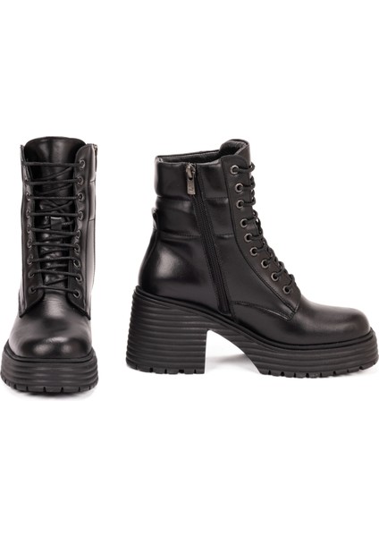 Kadın Hakiki Deri Küt Burun Platform Topuklu Bot