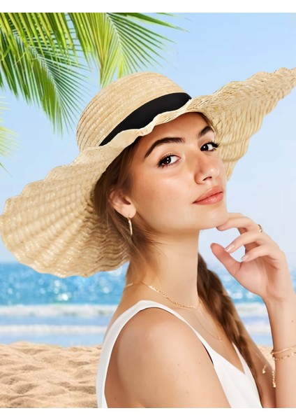 Kadın Vintage Dalgalı Ruffles Model El Yapımı Organik Hasır Şapka