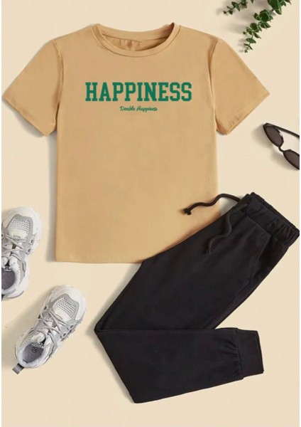 Özel Tasarım Happiness Baskılı %100 Pamuk Kısa Kollu Yazlık Kız Çocuk Eşofman Takımı