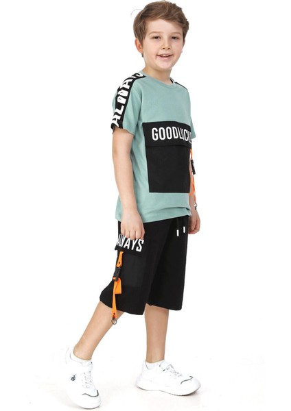 Erkek Çocuk Good Luck Yazı Desenli Torba Cepli Mint Yeşili Şortlu Takım