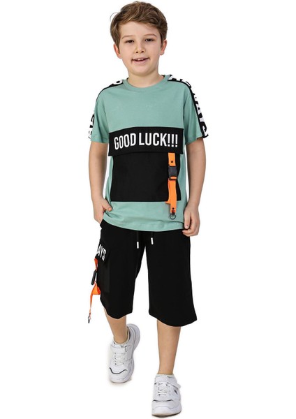 Erkek Çocuk Good Luck Yazı Desenli Torba Cepli Mint Yeşili Şortlu Takım modelleri