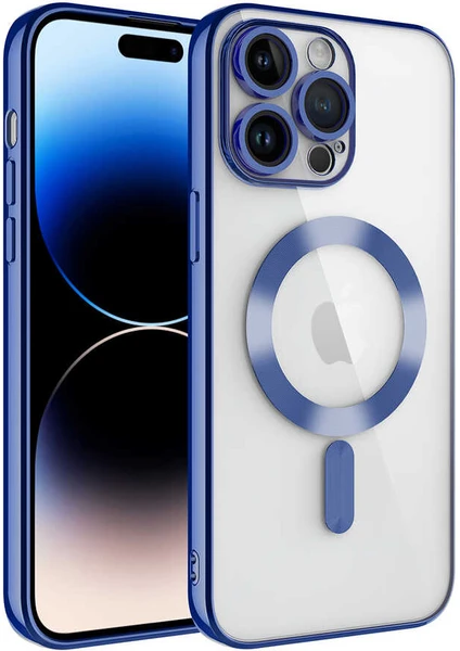 Caseart Apple iPhone 15 Promax Mag Safe Özellikli Lens Korumalı Logo Gösteren Şeffaf Luxury Silikon Kılıf - Mavi