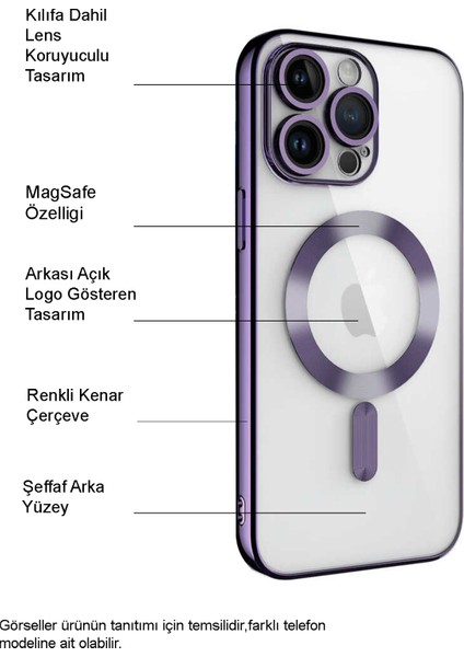 Caseworld Apple iPhone 15 Plus Mag Safe Özellikli Lens Korumalı Logo Gösteren Şeffaf Luxury Silikon Kılıf - Lila fiyatları