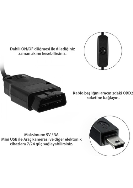 Obd2 Araç Kamera Park Modu Gözetim Kablosu Akü Akım Voltaj Korumalı