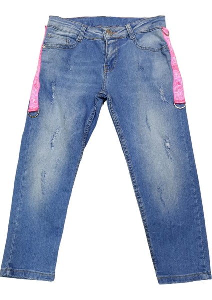 Kız Çocuk Yırtık Yıpratma Desenli Pembe Şeritli Kot Pantolon