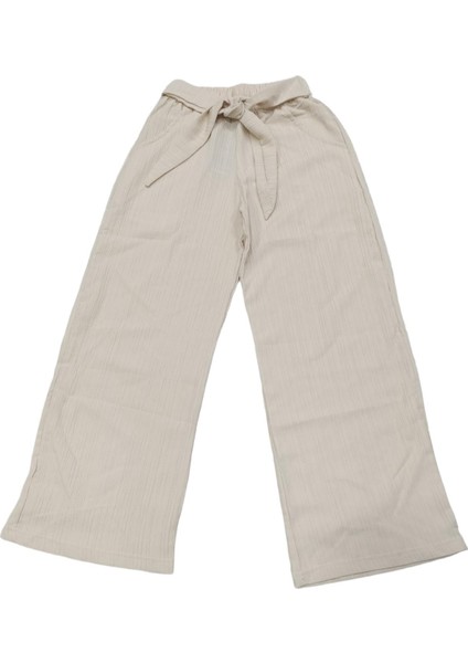 Kız Çocuk Cepli Beli Lastikli Kuşaklı Bol Paça Oversize Aerobin Pantolon Krem